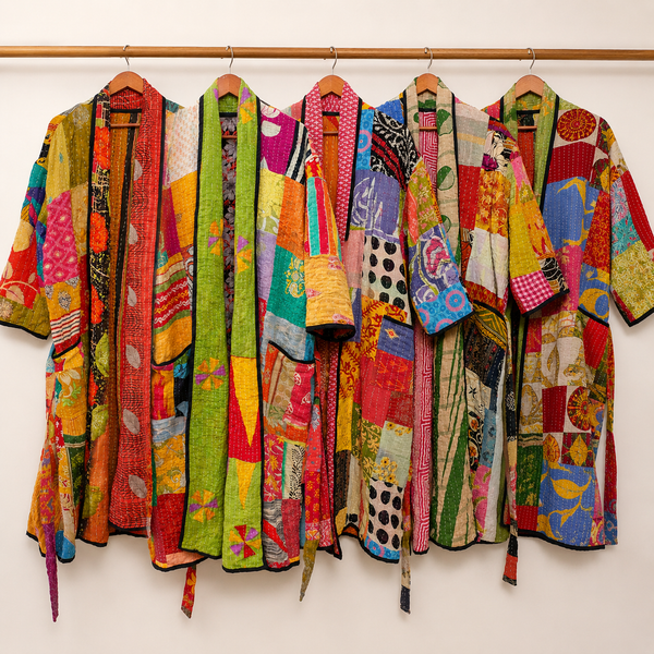 5 Pcs Assorted Vintage Kantha Kimono Robes – Handmade Cotton Patchwork Bathrobe, Reversible Boho Indian Dressing Gown Wholesale Lot