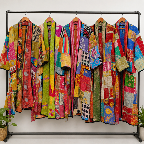 5 Pcs Assorted Vintage Kantha Kimono Robes – Handmade Cotton Patchwork Bathrobe, Reversible Boho Indian Dressing Gown Wholesale Lot