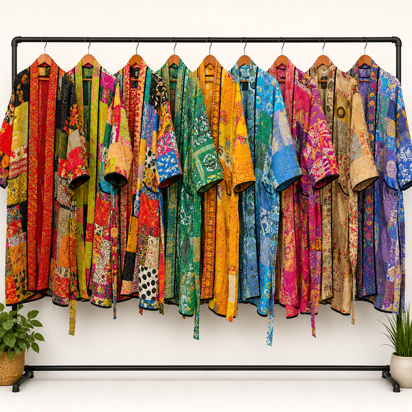 5 Pcs Assorted Vintage Kantha Kimono Robes – Handmade Cotton Patchwork Bathrobe, Reversible Boho Indian Dressing Gown Wholesale Lot