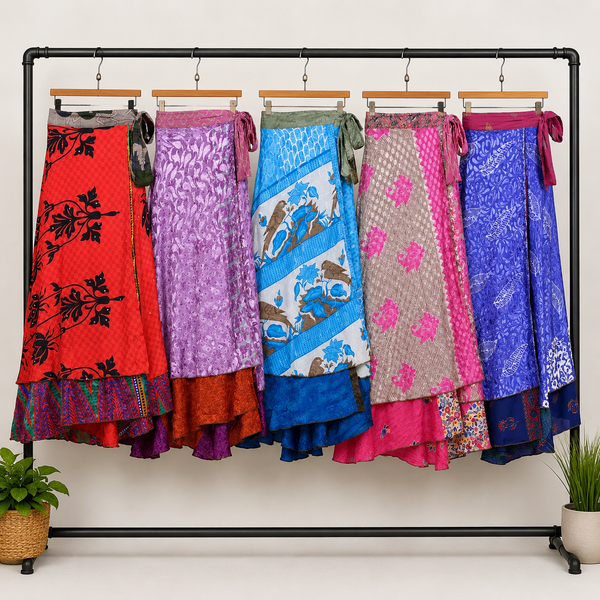 5 Pcs Assorted Vintage Silk Wrap Skirts for Women – Recycled Sari Boho Long Maxi Skirt, Indian Patchwork Gypsy Festival Clothing Wholesale Lot