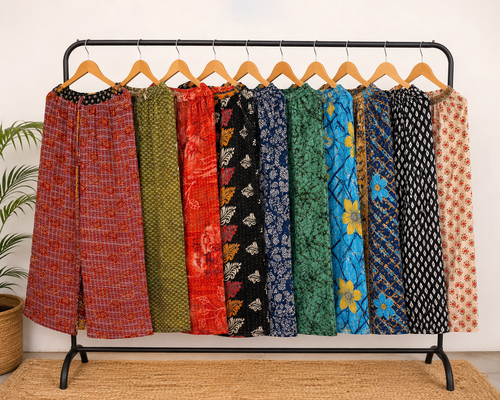 5 Pcs Assorted Kantha Palazzo Pants for Women, Handmade Cotton Wide Leg Trousers, Elastic Waist Boho Pants, Wholesale Clothing Lot