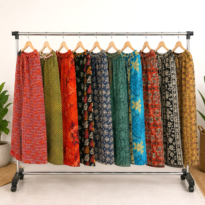 5 Pcs Assorted Kantha Palazzo Pants for Women, Handmade Cotton Wide Leg Trousers, Elastic Waist Boho Pants, Wholesale Clothing Lot