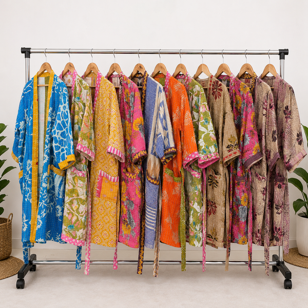 5 Pcs Assorted Vintage Kantha Kimono Robes for Women, Handmade Cotton Bathrobe, Floral Patchwork Dressing Gown, Boho Wholesale Lot