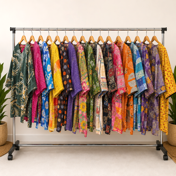 10 Pcs Assorted Vintage Kantha Kimono Jackets for Women – Handmade Cotton Patchwork Top, Boho Indian Sari Coat Wholesale Lot