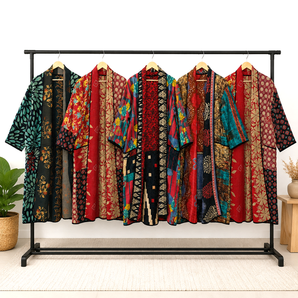 5 Pcs Assorted Vintage Kantha Kimono Jackets for Women, Handmade Patchwork Cotton Robe, Reversible Boho Jacket, Wholesale Clothing Lot