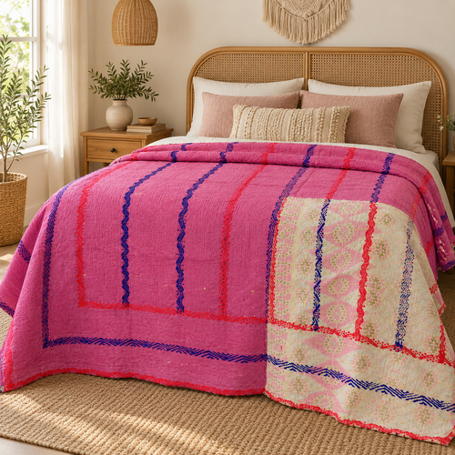 Pink & Cream Vintage Kantha Quilt – Handmade Reversible Cotton Bedspread, 60 × 100 Inches