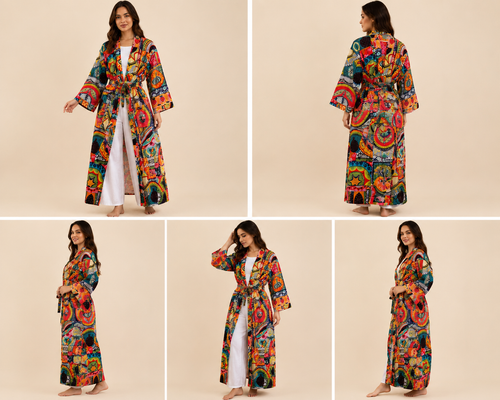 Handmade Cotton Patchwork Kimono Robe | Boho Lightweight Dressing Gown | Women's Colorful Cotton Kimono with Belt