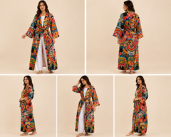 Handmade Cotton Patchwork Kimono Robe | Boho Lightweight Dressing Gown | Women's Colorful Cotton Kimono with Belt