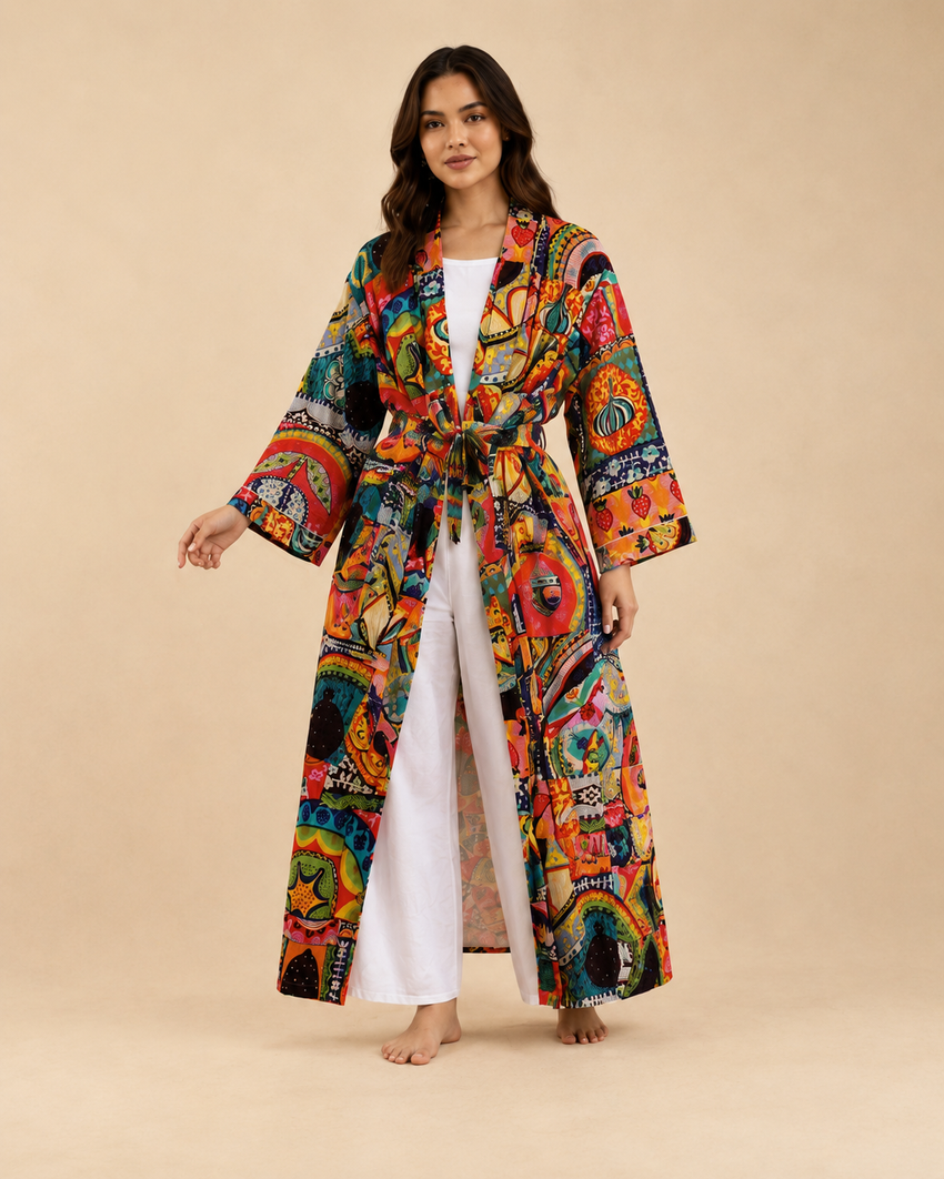 Handmade Cotton Patchwork Kimono Robe | Boho Lightweight Dressing Gown | Women's Colorful Cotton Kimono with Belt