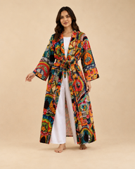 Handmade Cotton Patchwork Kimono Robe | Boho Lightweight Dressing Gown | Women's Colorful Cotton Kimono with Belt