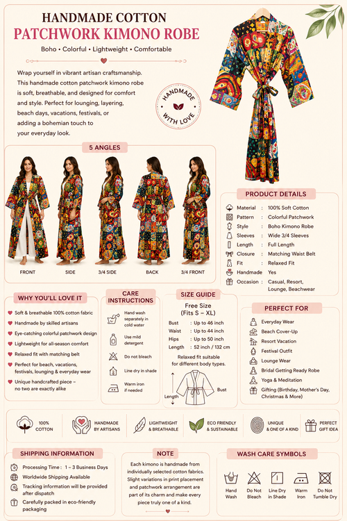 Handmade Cotton Patchwork Kimono Robe | Boho Lightweight Dressing Gown | Women's Colorful Cotton Kimono with Belt