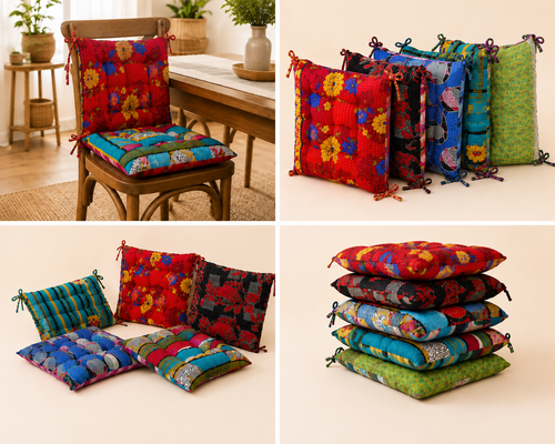 Handmade Kantha Chair Pad Set with Ties – Reversible Cotton Quilted Seat Cushion & Back Support – Boho Dining Chair Cushion – Floral Patchwork Chair Pads