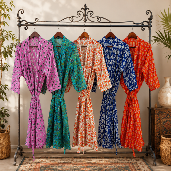 5 Pcs Cotton Kimono Robe Wholesale Lot, Handmade Indian Floral Robes, Block Print Long Bathrobe, Boho Dressing Gown, Assorted Women Kimono