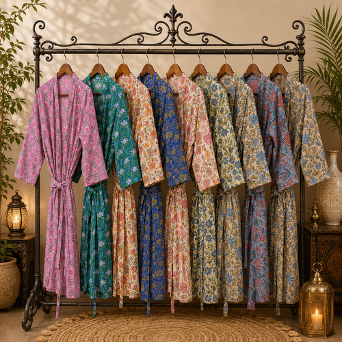 5 Pcs Assorted Cotton Kimono Robes for Women, Floral Printed Bathrobe, Lightweight Dressing Gown, Bridesmaid Robe, Boho Lounge Wear