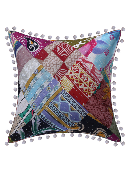 Vintage Kantha Patchwork Pillow Cover 18x18 inches, Pom Pom Cushion Cover, Recycled Sari Throw Pillow, Colorful Boho Indian Home Decor