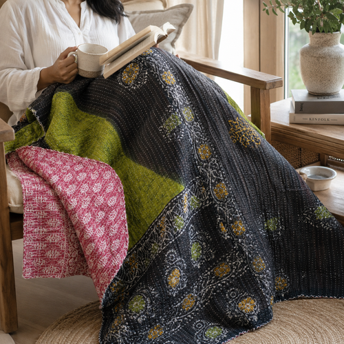 Handmade vintage Kantha quilt EBY-TW-149 – reversible cotton boho bedspread