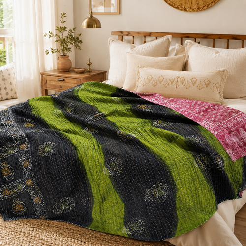 Handmade vintage Kantha quilt EBY-TW-149 – reversible cotton boho bedspread