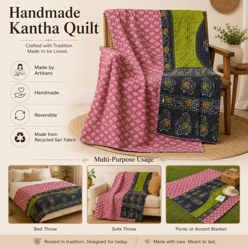 Handmade vintage Kantha quilt EBY-TW-149 – reversible cotton boho bedspread