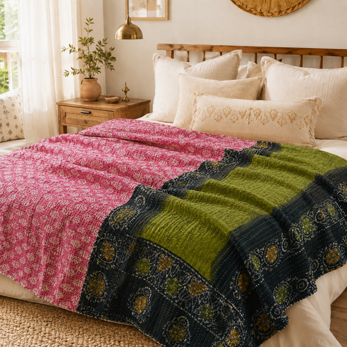 Handmade vintage Kantha quilt EBY-TW-149 – reversible cotton boho bedspread