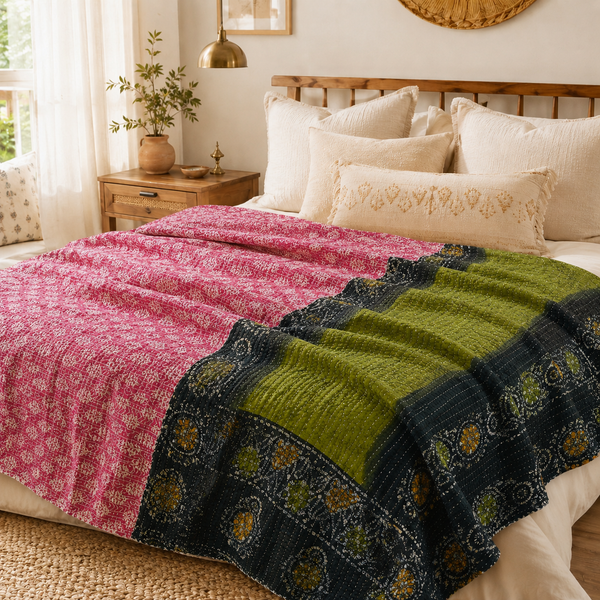 Handmade vintage Kantha quilt EBY-TW-149 – reversible cotton boho bedspread