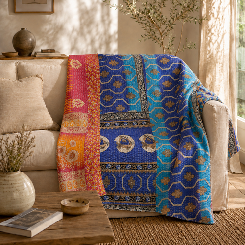 Handmade vintage Kantha quilt EBY-TW-150 – reversible cotton boho bedspread