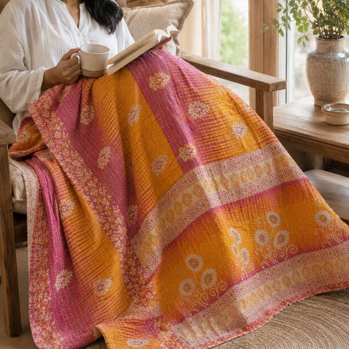 Handmade vintage Kantha quilt EBY-TW-150 – reversible cotton boho bedspread