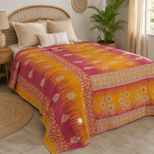 Handmade vintage Kantha quilt EBY-TW-150 – reversible cotton boho bedspread