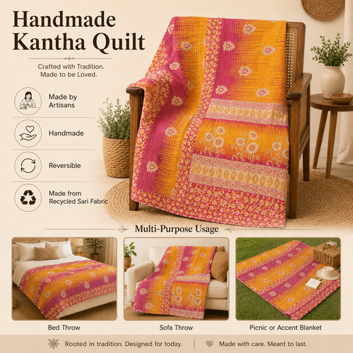 Handmade vintage Kantha quilt EBY-TW-150 – reversible cotton boho bedspread