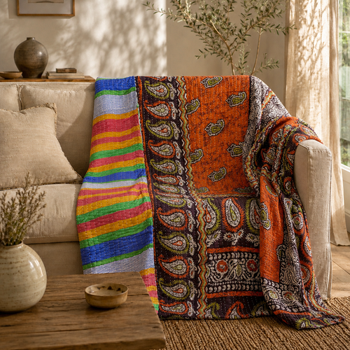 Handmade vintage Kantha quilt EBY-TW-151 – reversible cotton boho bedspread