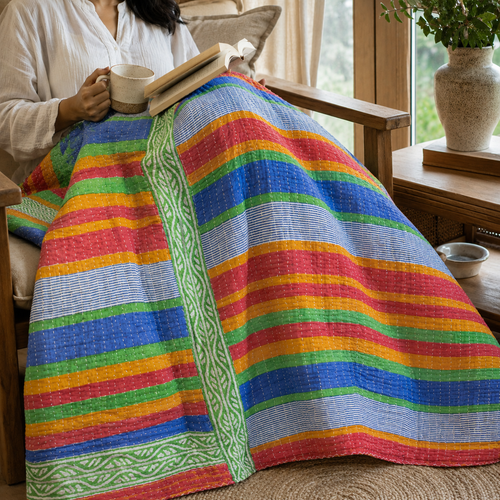 Handmade vintage Kantha quilt EBY-TW-151 – reversible cotton boho bedspread