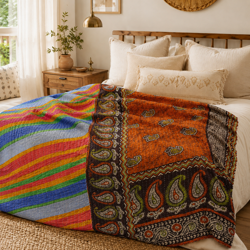 Handmade vintage Kantha quilt EBY-TW-151 – reversible cotton boho bedspread