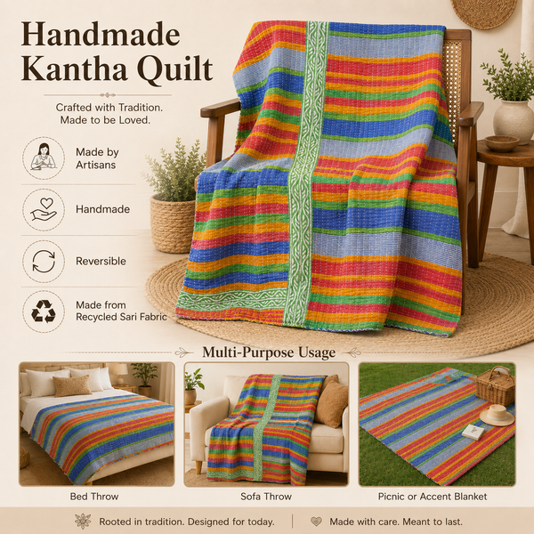 Handmade vintage Kantha quilt EBY-TW-151 – reversible cotton boho bedspread