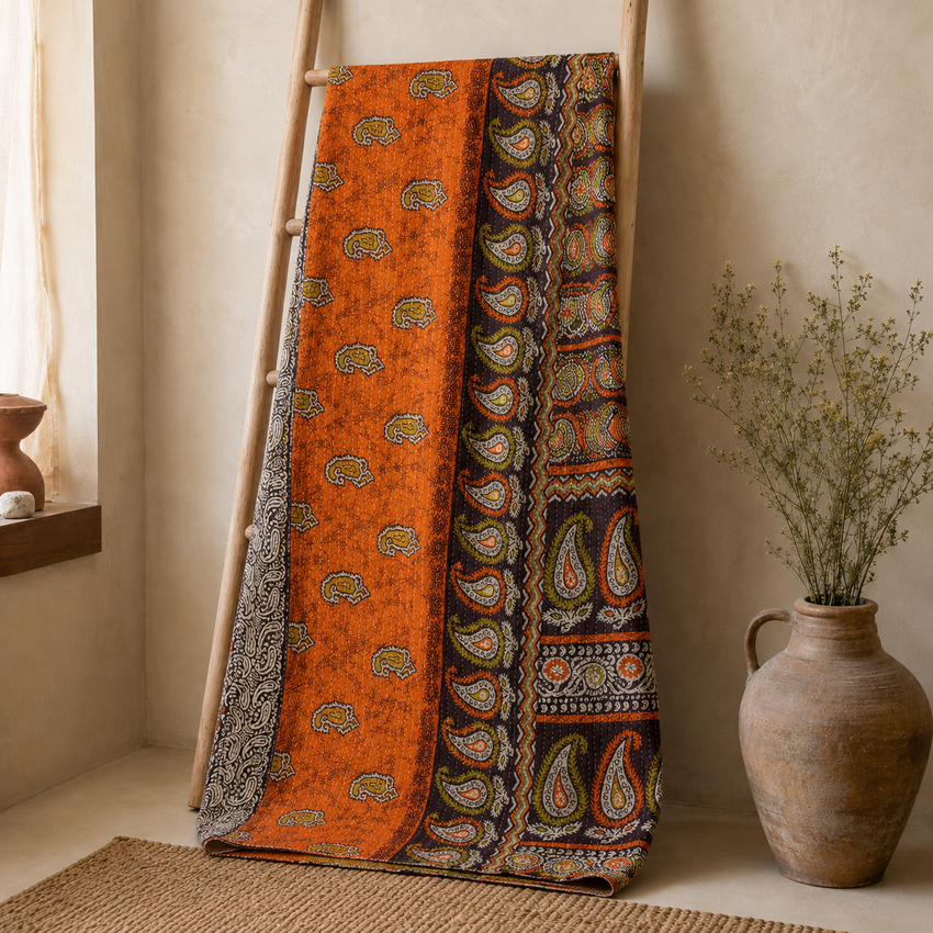 Handmade vintage Kantha quilt EBY-TW-151 – reversible cotton boho bedspread