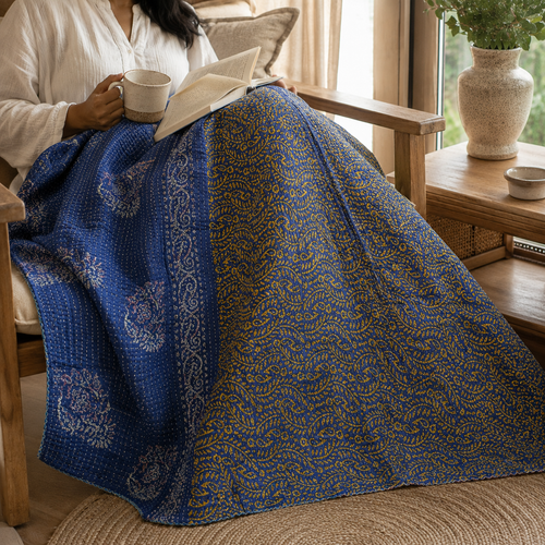 Handmade vintage Kantha quilt EBY-TW-152 – reversible cotton boho bedspread