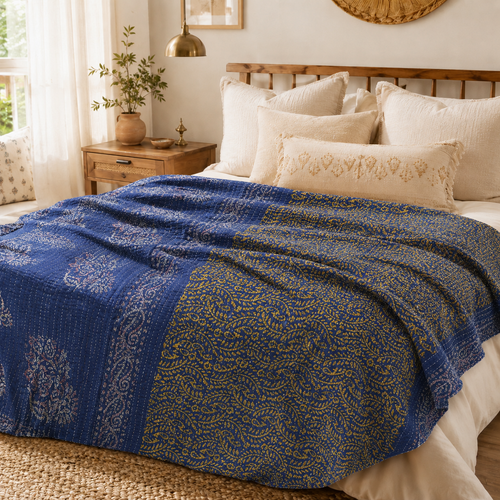 Handmade vintage Kantha quilt EBY-TW-152 – reversible cotton boho bedspread