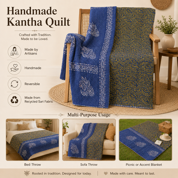 Handmade vintage Kantha quilt EBY-TW-152 – reversible cotton boho bedspread