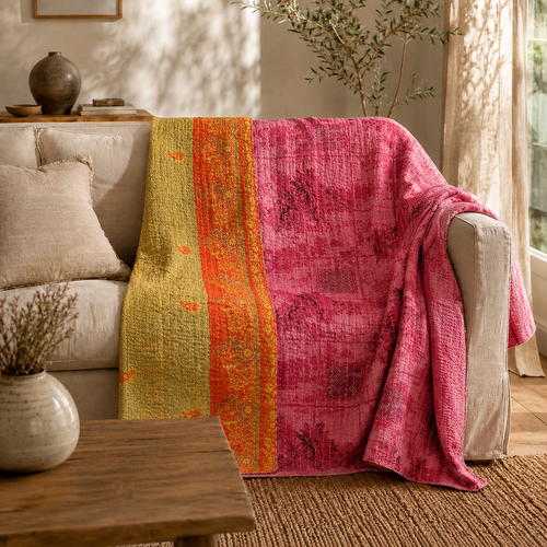 Handmade vintage Kantha quilt EBY-TW-153 – reversible cotton boho bedspread