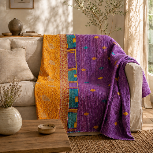 Handmade vintage Kantha quilt EBY-TW-154 – reversible cotton boho bedspread