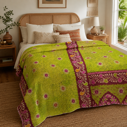 Handmade vintage Kantha quilt EBY-TW-155 – reversible cotton boho bedspread