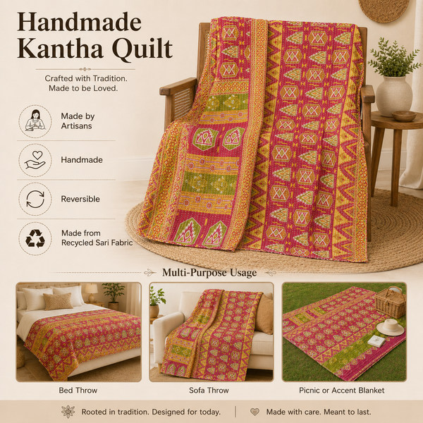 Handmade vintage Kantha quilt EBY-TW-155 – reversible cotton boho bedspread