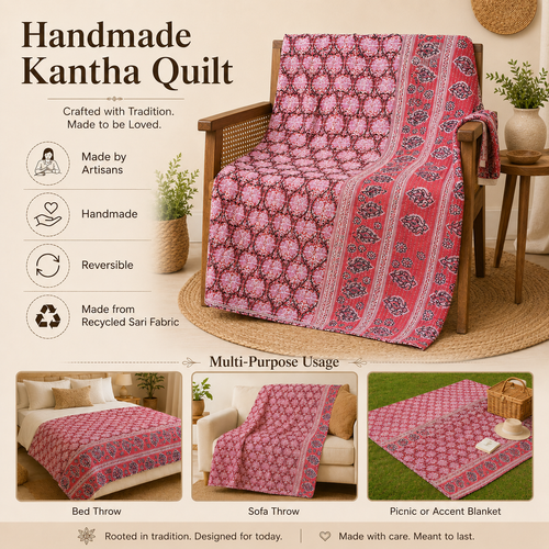 Handmade vintage Kantha quilt EBY-TW-156 – reversible cotton boho bedspread