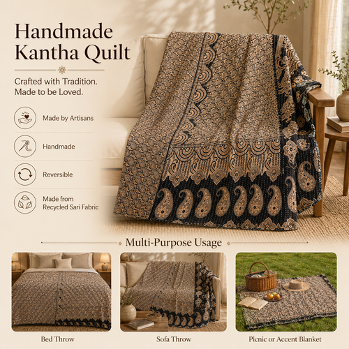 Handmade vintage Kantha quilt EBY-TW-158 – reversible cotton boho bedspread