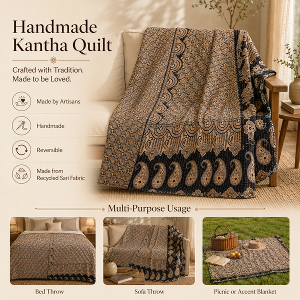Handmade vintage Kantha quilt EBY-TW-158 – reversible cotton boho bedspread