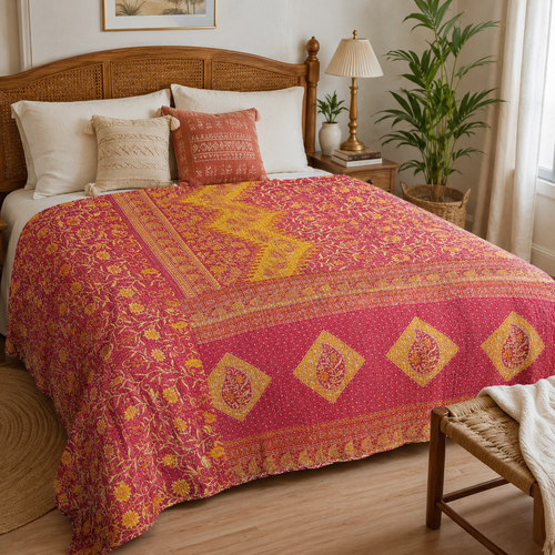 Handmade vintage Kantha quilt EBY-TW-166 – reversible cotton boho bedspread
