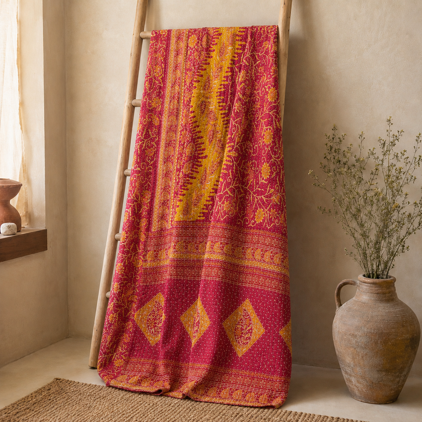 Handmade vintage Kantha quilt EBY-TW-166 – reversible cotton boho bedspread
