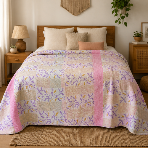 Handmade vintage Kantha quilt EBY-TW-194 – reversible cotton boho bedspread