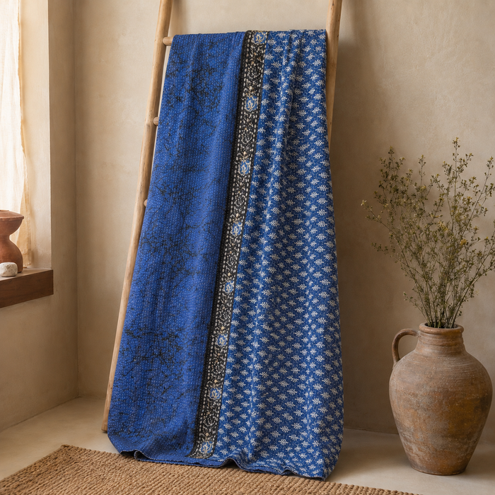 Indian Handmade Vintage Kantha Quilt King 90x108 Inches – Reversible Cotton Bedspread & Boho Throw Blanket | EBY-TW-213