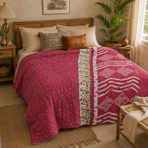 Handmade vintage Kantha quilt EBY-TW-214 – reversible cotton boho bedspread