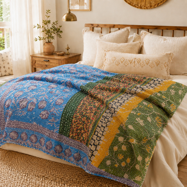 Handmade vintage Kantha quilt EBY-TW-216 – reversible cotton boho bedspread