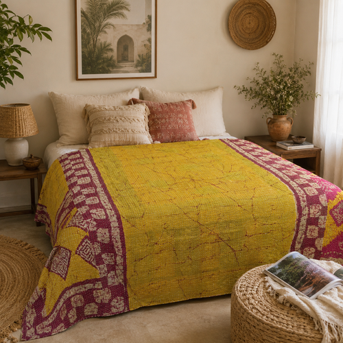 Handmade vintage Kantha quilt EBY-TW-217 – reversible cotton boho bedspread